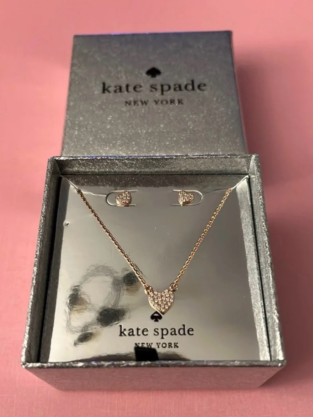 Kate Spade Yours Truly Rose Gold Heart Earrings and Necklace Set New in Box